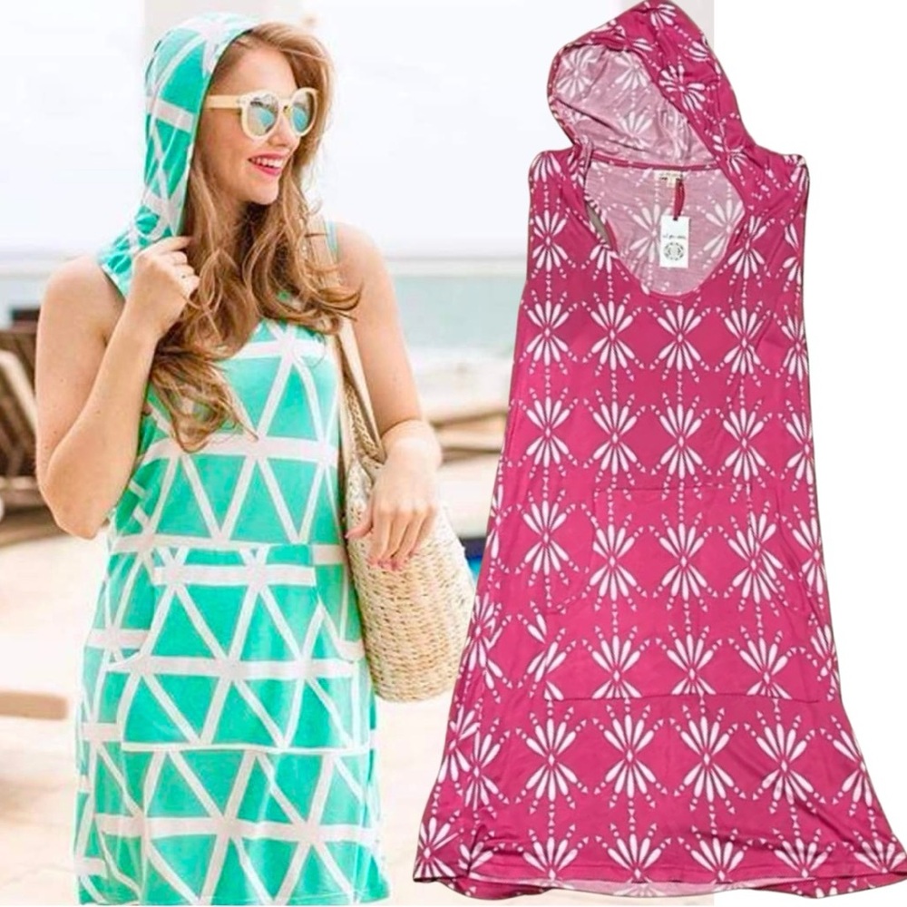 NEW All for Color hooded beach coverup pink & white, large